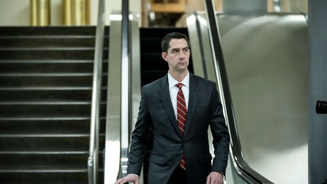WASHINGTON, DC - JANUARY 5: Sen. Tom Cotton (R-AR) walks through the Senate Subway after a vote at the U.S. Capitol on January 5, 2022 in Washington, DC. Congress is preparing will mark the one year anniversary of the January 6 Capitol riot on Thursday.