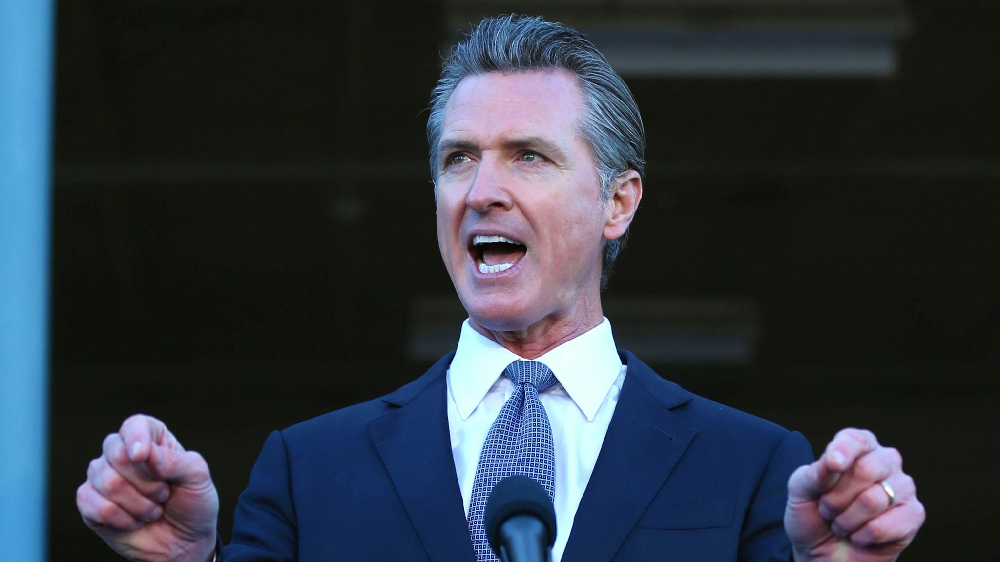 DUBLIN, CA - DECEMBER 17: California Governor Gavin Newsom introduces new state efforts and proposed investments to fight and prevent crime across the state during a news conference in Dublin, Calif., on Friday, Dec. 17, 2021. Newsom was joined by Attorney General Rob Bonta, and other law enforcement leaders.