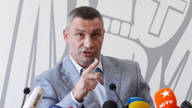 Kiev's Mayor and former heavyweight boxing champion Vitali Klitschko speaks during his a press conference in Kiev, Ukraine, on 26 July, 2019. 'On 24 July 2019 Head of Volodymyr Zelensky Presidential Administration Andriy Bohdan sent a letter to the government asking Minister of the Cabinet of Ministers Oleksandr Sayenko to submit a motion for Klitschko's dismissal as head of Kyiv City State Administration, as Ukrinform Infrom agency reported. Earlier, at a meeting with Zelensky, Klitschko was informed about the separation of powers in the management of the Ukrainian capital. At the same time, according to Klitschko, separating the powers of the Kyiv mayor and the head of Kyiv City State Administration is depriving the capital of local self-government. The Constitutional Court ruled in December 2003 that &quot;Kyiv City State Administration should be headed only by a person elected as Kyiv's mayor', Ukrinform Infrom agency reported. (Photo by STR/NurPhoto via Getty Images)