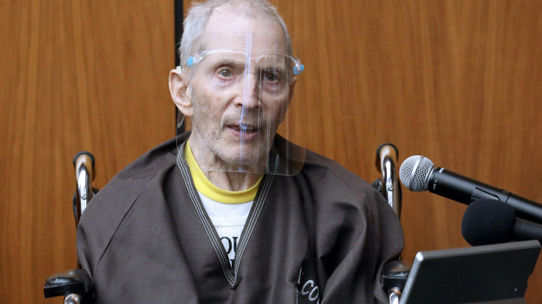 Robert Durst, 78, New York real estate scion, takes the stand and testifies in his murder trial answering questions from defense attorney Dick DeGuerin, left, at the Inglewood Courthouse on Monday, Aug. 9, 2021 in Inglewood, CA.