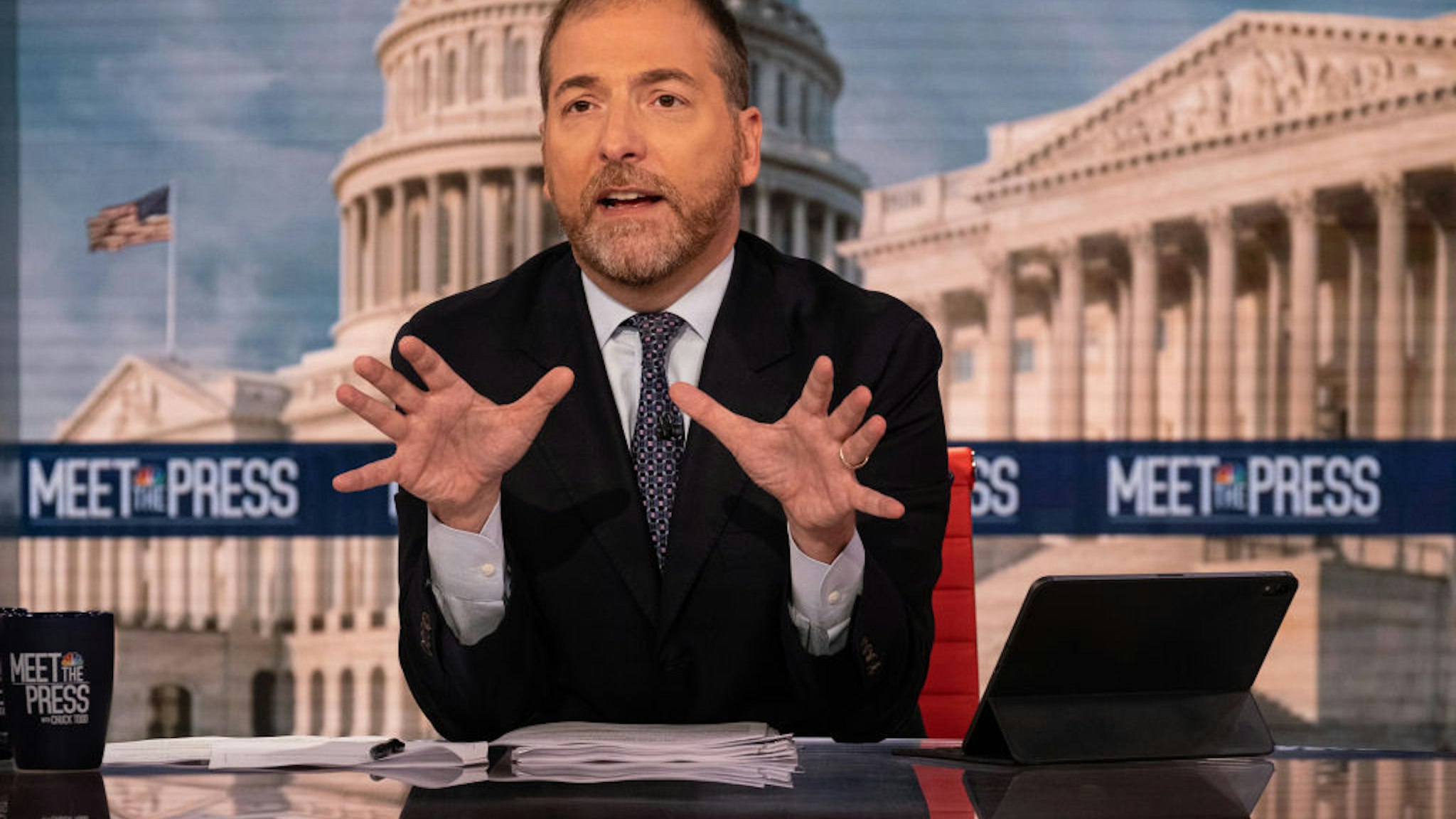 MEET THE PRESS -- Pictured: (l-r) Moderator Chuck Todd appears on Meet the Press" in Washington, D.C., Sunday, September 26, 2021. (Photo by: William B. Plowman/NBC NewsWire via Getty Images/NBCU Photo Bank via Getty Images)