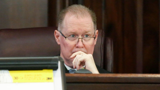 Judge Timothy Walmsley looks on as the prosecutors make their final rebuttal before the jury begins deliberations in the trial of William "Roddie" Bryan, Travis McMichael and Gregory McMichael, charged with the February 2020 death of 25-year-old Ahmaud Arbery, at the Glynn County Courthouse on November 23, 2021 in Brunswick, Georgia.