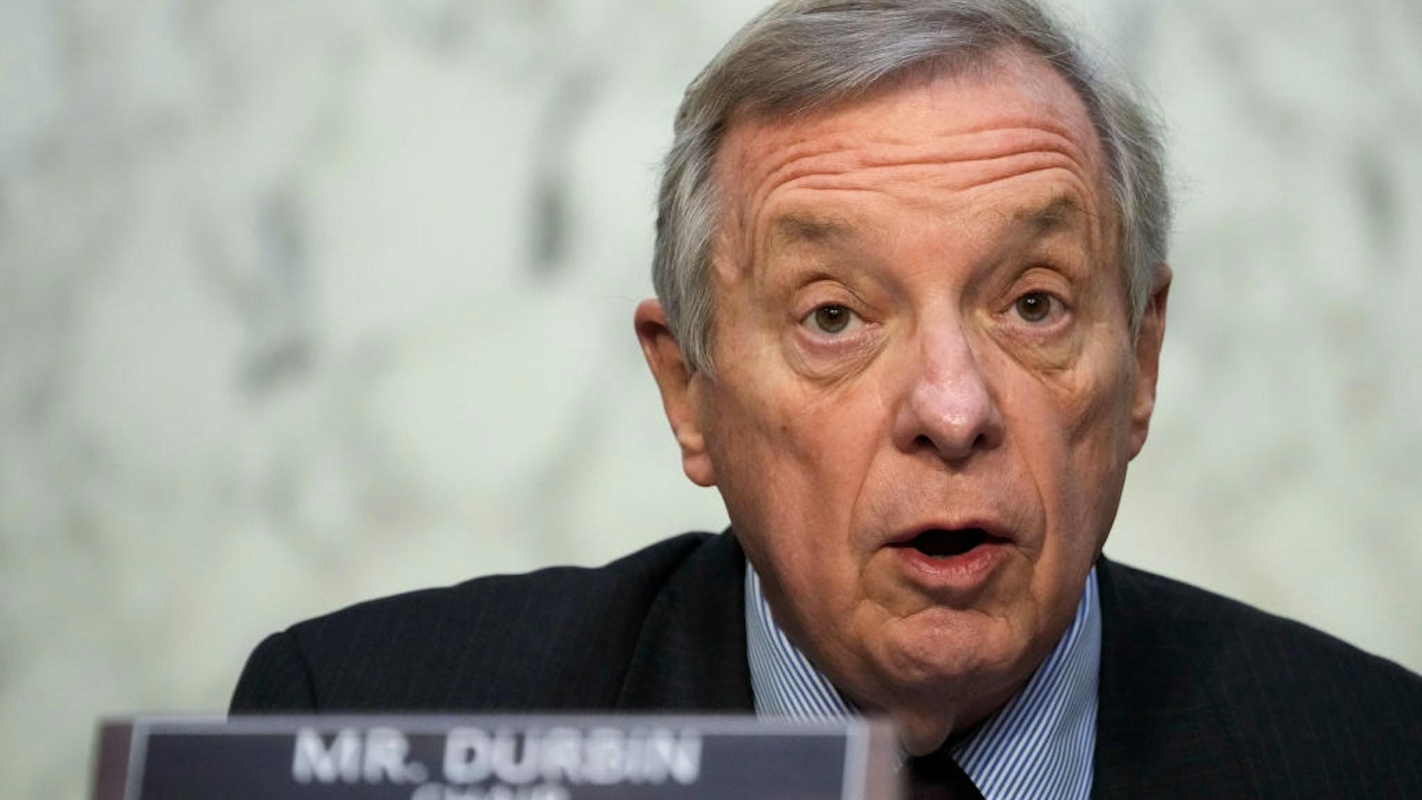 WASHINGTON, DC - JANUARY 11: Committee chairman Sen. Dick Durbin (D-IL) speaks during a Senate Judiciary Committee hearing on domestic terrorism threats, on Capitol Hill January 11, 2022 in Washington, DC. The hearing about domestic terrorism threats comes a year after the January 2021 Capitol riot. (Photo by Drew Angerer/Getty Images)