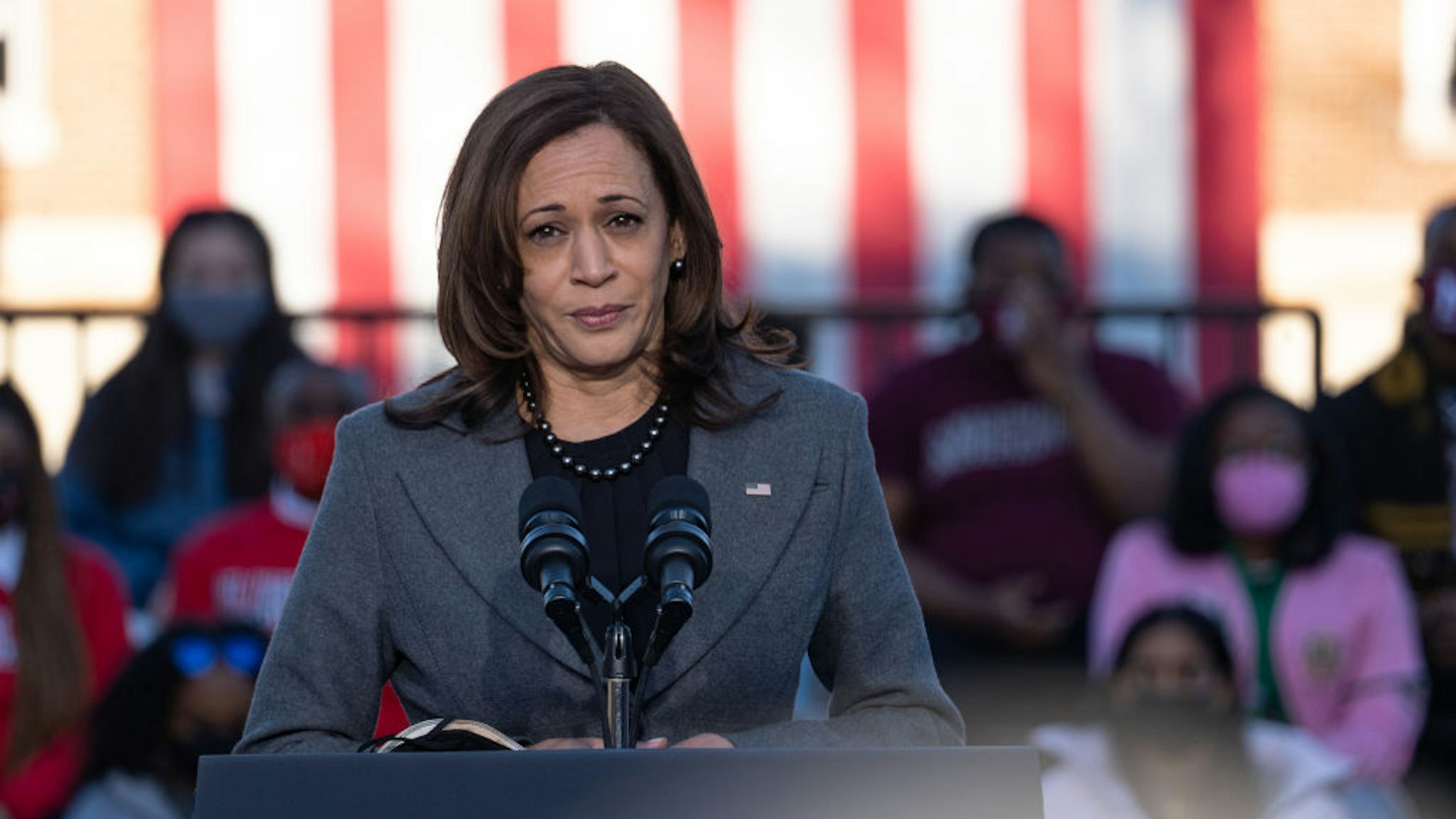 ATLANTA, GA - JANUARY 11: U.S. Vice President Kamala Harris speaks to a crowd at the Atlanta University Center Consortium, part of both Morehouse College and Clark Atlanta University on January 11, 2022 in Atlanta, Georgia. Harris and President Joe Biden delivered remarks on voting rights legislation. Georgia has been a focus point for voting legislation after the state voted Democratic for the first time in almost 30 years in the 2020 election. As a result, the Georgia House passed House Bill 531 to limit voting hours, drop boxes, and require a government ID when voting by mail. (Photo by Megan Varner/Getty Images)