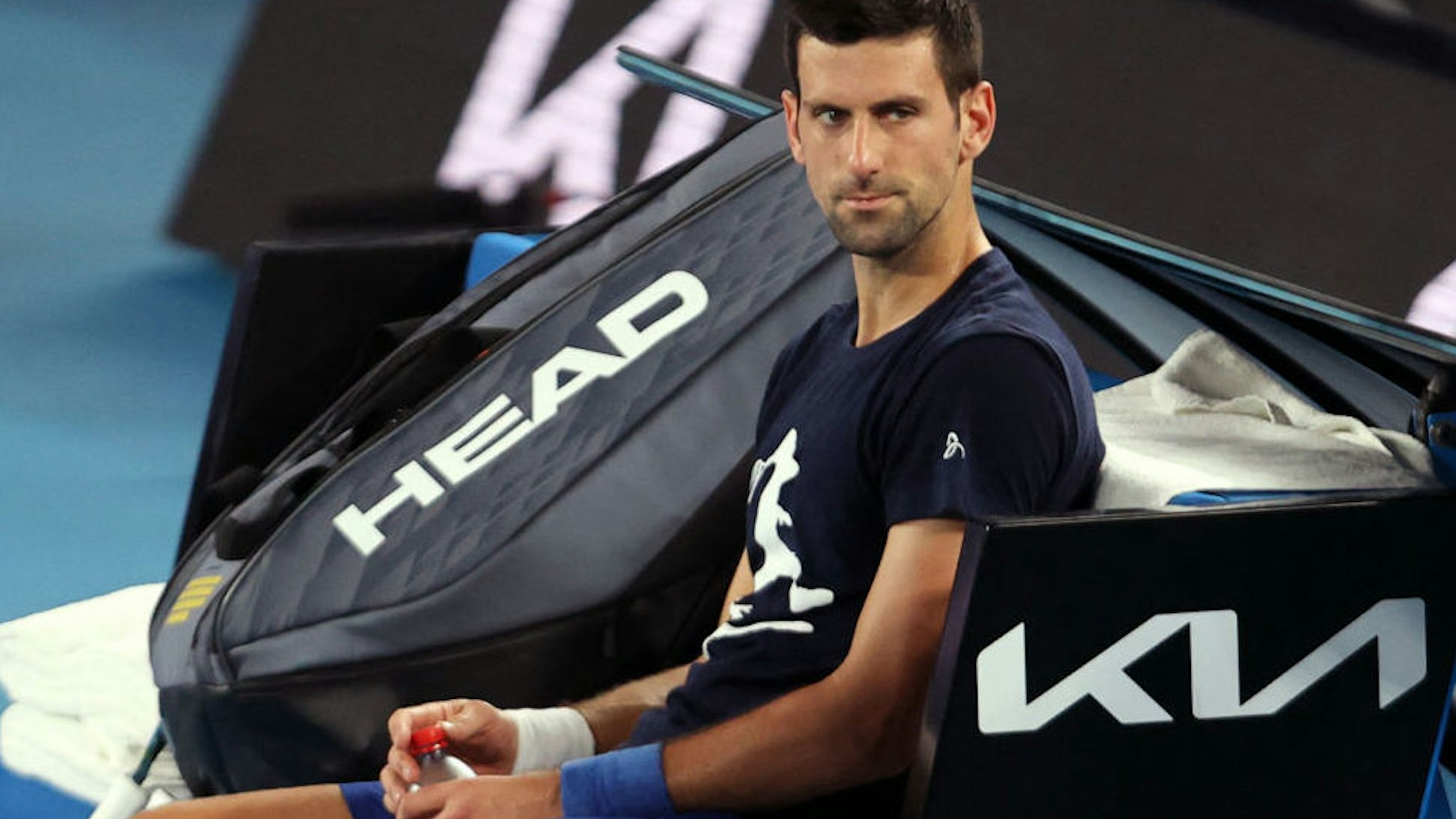 Novak Djokovic of Serbia attends a practice session ahead of the Australian Open tennis tournament in Melbourne on January 14, 2022.