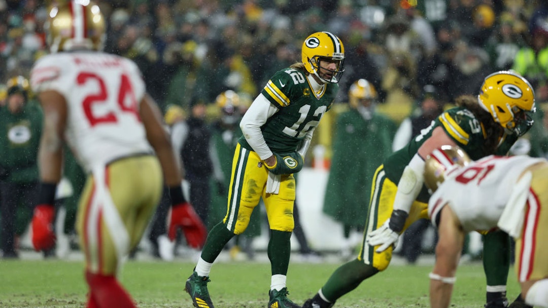 Football: NFL Playoffs: Green Bay Packers QB Aaron Rodgers (12) calling signals during game vs San Francisco 49ers at Lambeau Field. Green Bay, WI 1/22/2022 CREDIT: Jeff Haynes (Photo by Jeff Haynes/Sports Illustrated via Getty Images) (Set Number: X163912 TK`1)