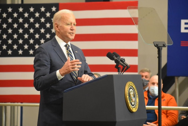 PITTSBURGH, PA, USA - JANUARY 28: President of the United States Joe Biden delivers remarks at Carnegie Mellon University at Mill 19 in Pittsburgh, Pennsylvania, United States on January 28, 2022. (Photo by Kyle Mazza/Anadolu Agency via Getty Images)