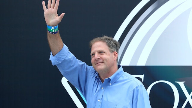 LOUDON, NEW HAMPSHIRE - AUGUST 02: New Hampshire Governor Chris Sununu waves from the stage prior to the NASCAR Cup Series Foxwoods Resort Casino 301 at New Hampshire Motor Speedway on August 02, 2020 in Loudon, New Hampshire. (Photo by Maddie Meyer/Getty Images)
