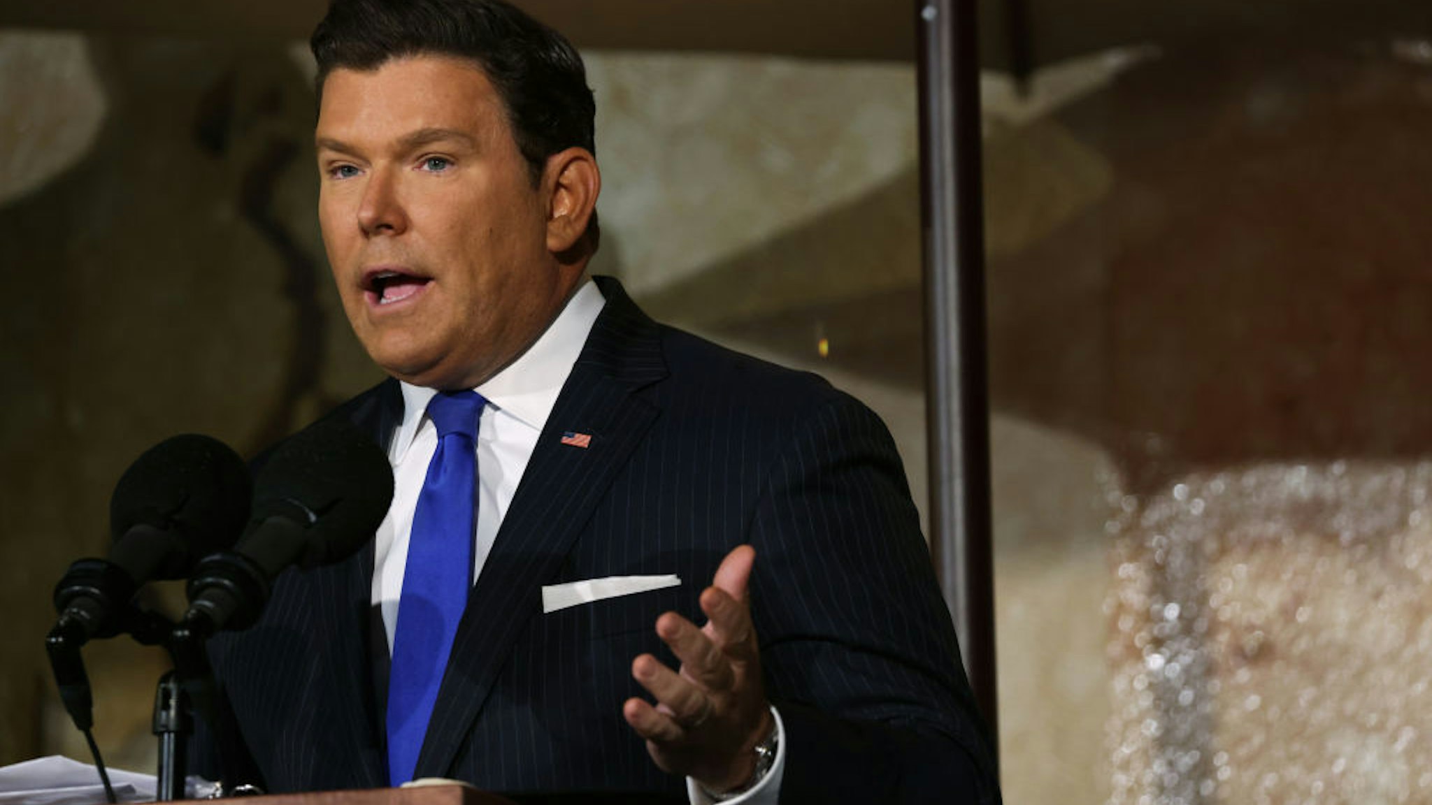 WASHINGTON, DC - SEPTEMBER 17: Fox News host Bret Baier speaks during a dedication ceremony for The Dwight D. Eisenhower Memorial September 17, 2020 in Washington, DC. The memorial, commissioned by Congress in 1999, honors the legacy of the former president and World War II supreme allied commander. (Photo by Alex Wong/Getty Images)