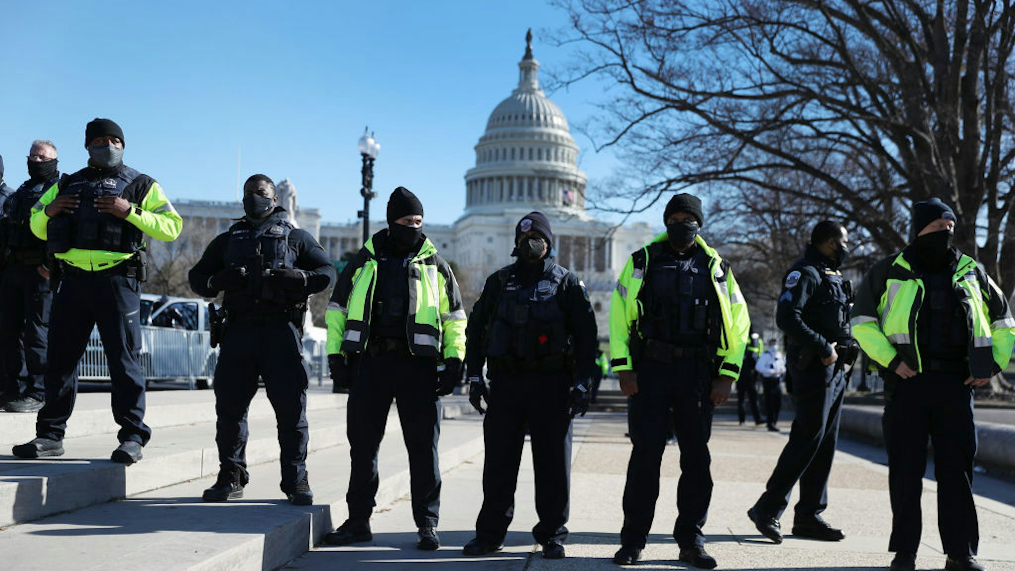 WASHINGTON, DC - JANUARY 07: Members of the Metropolitan Police Department of the District of Columbia are seen in front of the U.S. Capitol a day after a pro-Trump mob broke into the building on January 07, 2021 in Washington, DC. Congress finished tallying the Electoral College votes and Joe Biden was certified as the winner of the 2020 presidential election. (Photo by Joe Raedle/Getty Images)