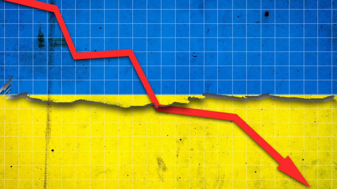 Fall of the Ukraine Economy. Recession graph with a red arrow on the Ukraine flag. Economic decline. Decline in the economy of stock trading. Downward trends in the economy. Business.