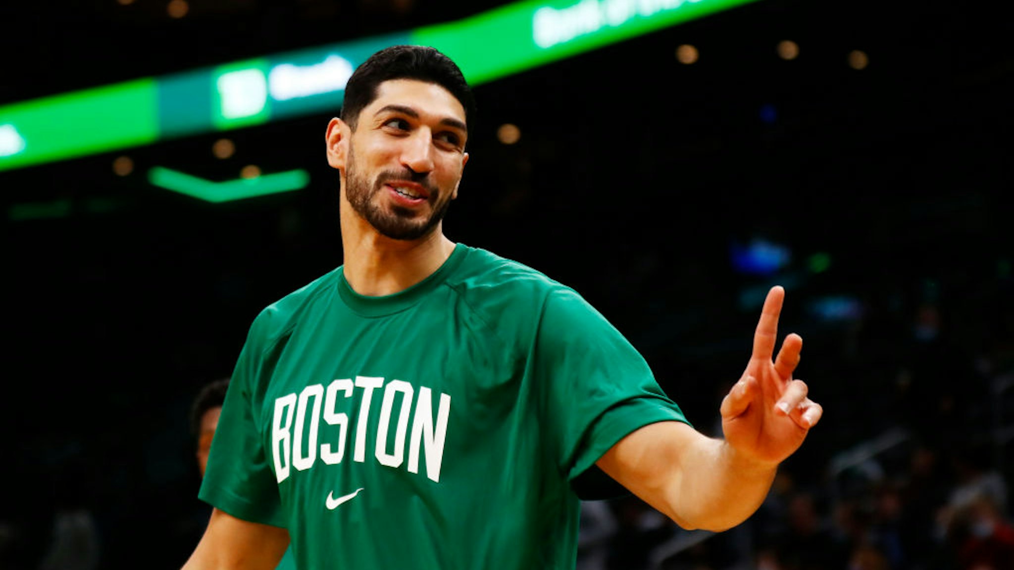 BOSTON, MASSACHUSETTS - OCTOBER 27: Enes Kanter #13 of the Boston Celtics reacts before the game against the Washington Wizards at TD Garden on October 27, 2021 in Boston, Massachusetts. NOTE TO USER: User expressly acknowledges and agrees that, by downloading and or using this photograph, User is consenting to the terms and conditions of the Getty Images License Agreement. (Photo by Omar Rawlings/Getty Images)
