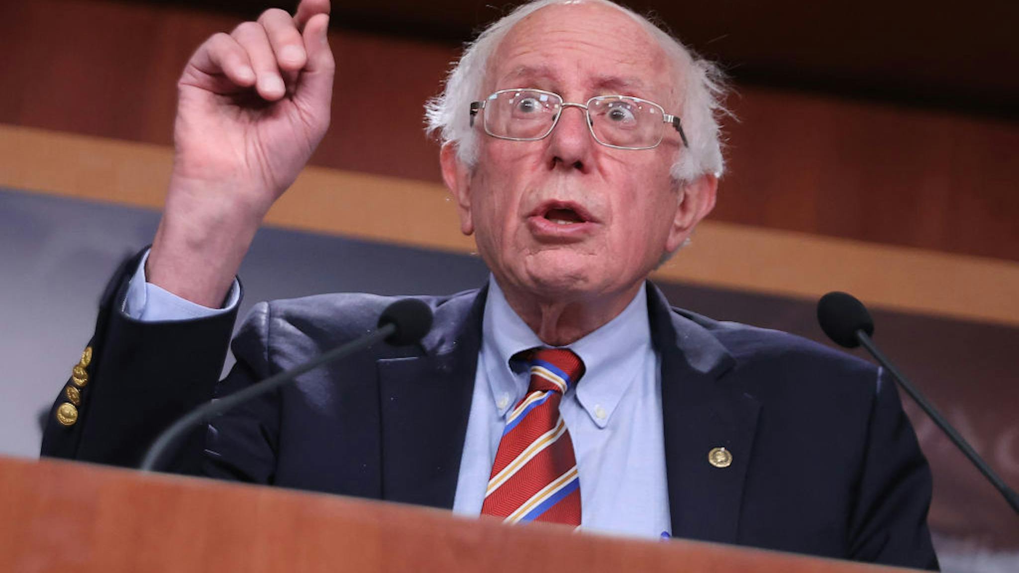 Senators Sanders And Menendez Discuss SALT Deductions At Press Conference WASHINGTON, DC - NOVEMBER 03: Senate Budget Committee Chairman Bernie Sanders (I-VT) holds a news conference about state and local tax (SALT) deductions as part of the Build Back Better reconciliation legislation at the U.S. Capitol on November 03, 2021 in Washington, DC. Sanders and Sen. Robert Menendez (D-NJ) were critical of a reported deal struck among Democratic negotiators to remove the cap on federal tax deductions for paid state and local taxes for five years. “As a result, the top 1% would pay lower taxes after passage of the Build Back Better plan than they did after the Trump tax cut in 2017. This is beyond unacceptable,” Sanders said. (Photo by Chip Somodevilla/Getty Images)