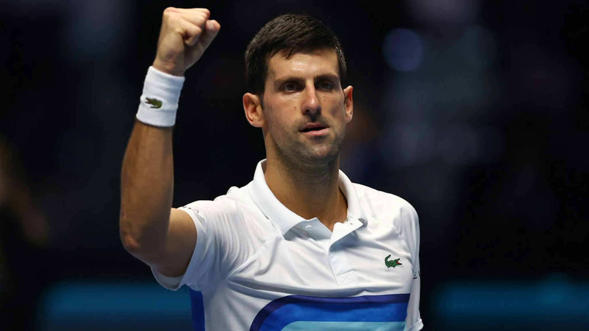 Novak Djokovic of Serbia celebrates winning his singles match against Andrey Rublev of Russia on Day Four of the Nitto ATP World Tour Finals at Pala Alpitour on November 17, 2021 in Turin, Italy.