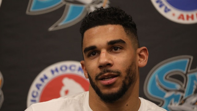 SAN JOSE, CA - NOVEMBER 30: Evander Kane answers questions from the media in a conference room after practice with the San Jose Barracuda at Solar 4America Ice on Tuesday, November 30, 2021 in San Jose, Calif. (Lea Suzuki/San Francisco Chronicle via Getty Images)