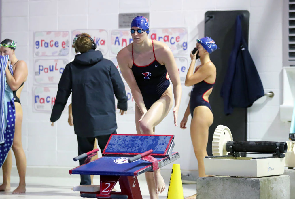 Lia Thomas of the Pennsylvania Quakers gets ready to compete in a freestyle event during a tri-meet against the Yale Bulldogs and the Dartmouth Big Green at Sheerr Pool on the campus of the University of Pennsylvania on January 8, 2022 in Philadelphia, Pennsylvania.