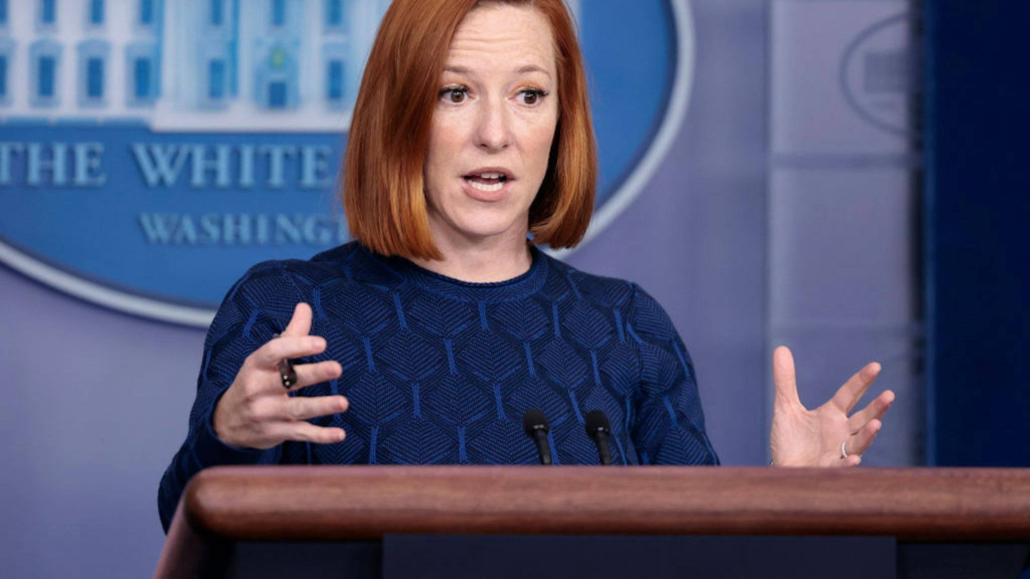 WASHINGTON, DC - JANUARY 10: White House press secretary Jen Psaki answers questions during the daily White House press briefing on January 10, 2022 in Washington, DC. During the press briefing, Psaki spoke on a range of topics including voting rights legislation on Capitol Hill and the Biden administration's continued efforts to expand COVID testing in the country. (Photo by Anna Moneymaker/Getty Images)