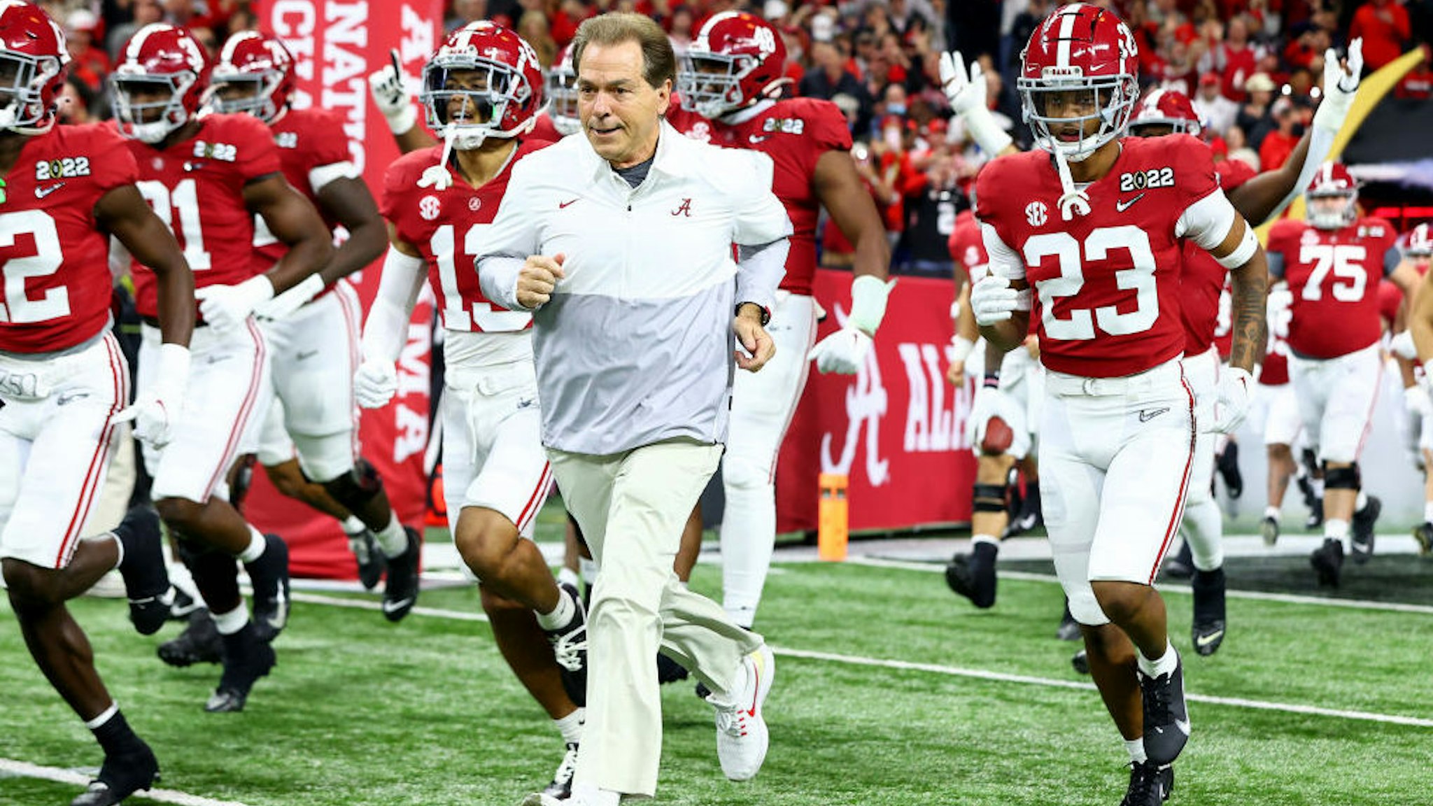 INDIANAPOLIS, IN - JANUARY 10: Head Coach Nick Saban of the Alabama Crimson Tide takes the field against the Georgia Bulldogs during the College Football Playoff Championship held at Lucas Oil Stadium on January 10, 2022 in Indianapolis, Indiana. (Photo by Jamie Schwaberow/Getty Images)