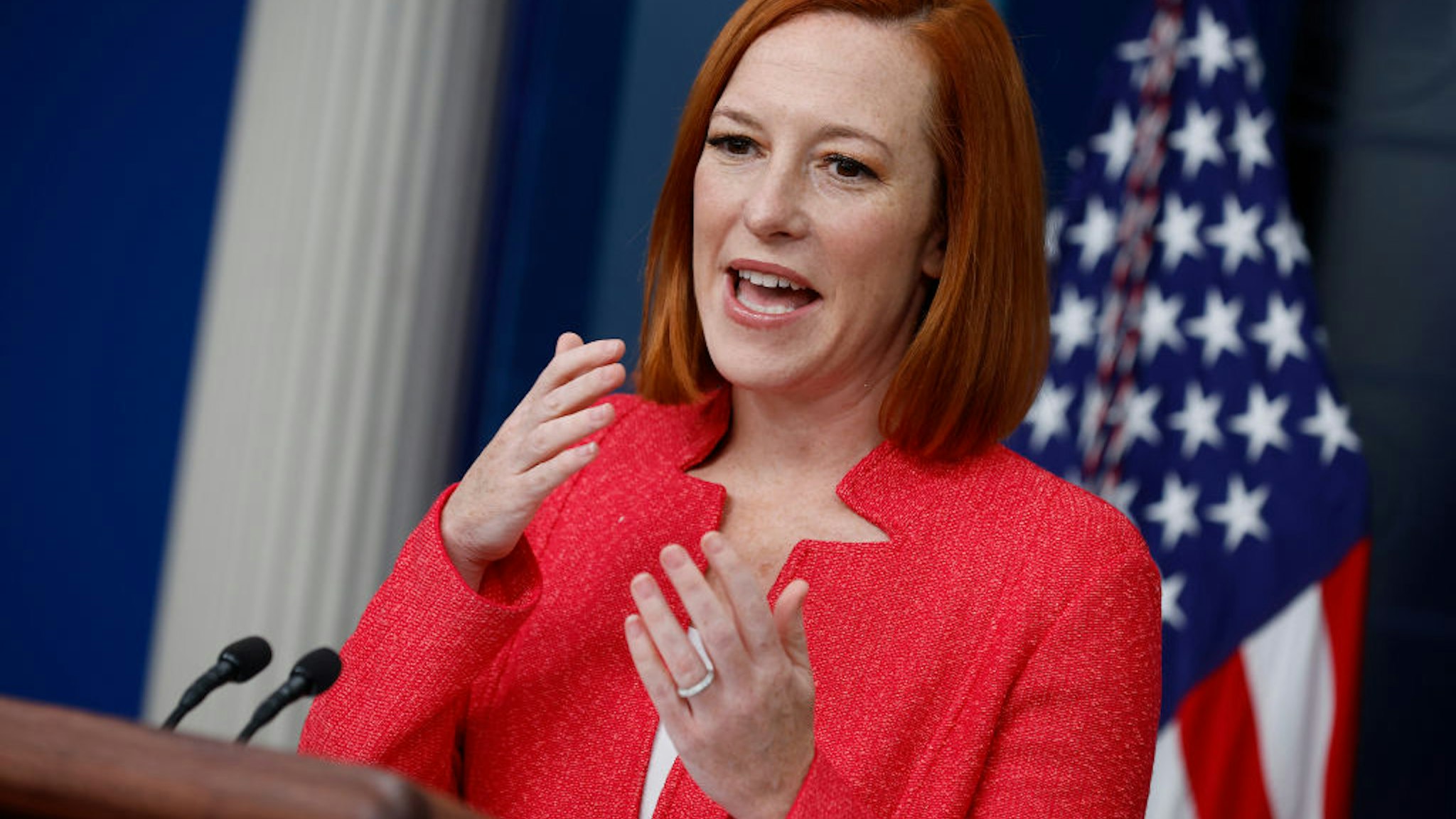 WASHINGTON, DC - JANUARY 14: White House Press Secretary Jen Psaki talks to reporters in the Brady Press Briefing Room at the White House on January 14, 2022 in Washington, DC. Psaki took questions about Russia's threat to Ukraine, the ongoing response by the Biden Administration to the coronavirus pandemic and the struggle for Democrats to get voting rights legislation through the Congress. (Photo by Chip Somodevilla/Getty Images)