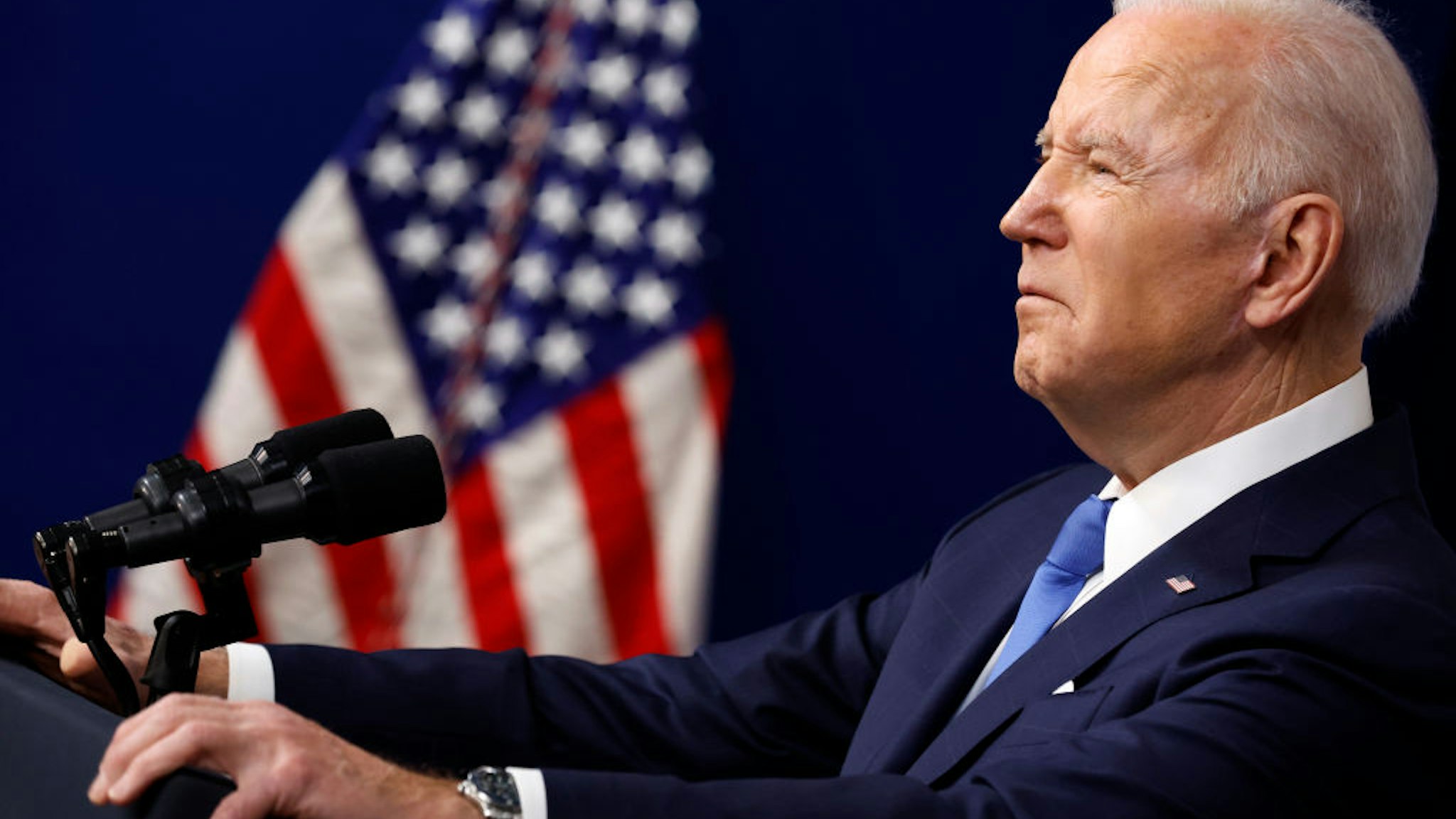 U.S. President Joe Biden delivers remarks about the work being done by his administration to implement the Bipartisan Infrastructure Law in the Eisenhower Executive Office Building's South Court Auditorium on January 14, 2022 in Washington, DC.