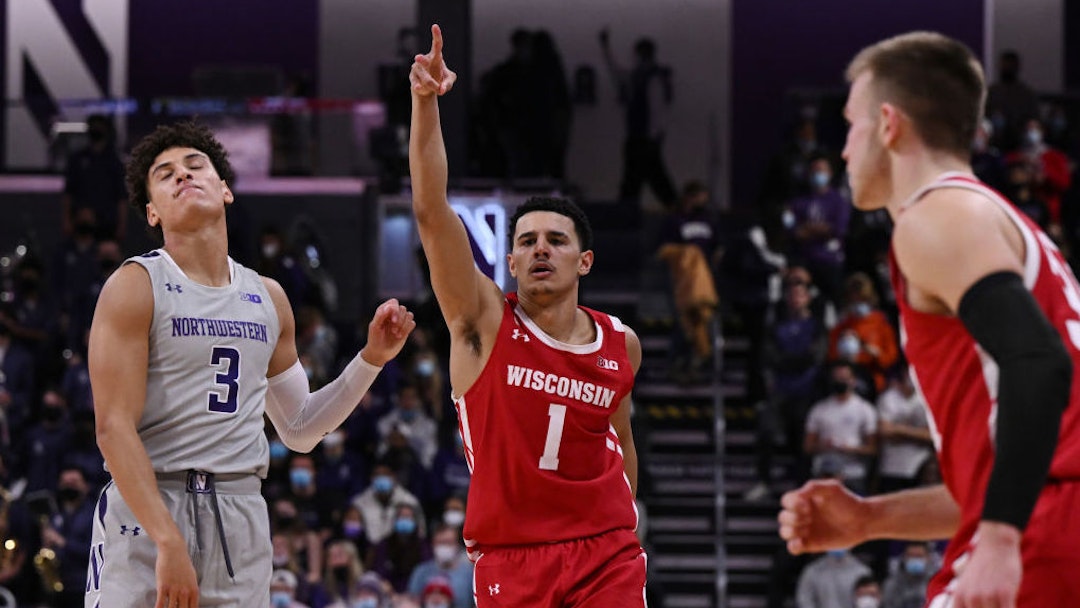 EVANSTON, ILLINOIS - JANUARY 18: Johnny Davis #1 of the Wisconsin Badgers reacts after making a three point basket in the first half against Ty Berry #3 of the Northwestern Wildcats at Welsh-Ryan Arena on January 18, 2022 in Evanston, Illinois. (Photo by Quinn Harris/Getty Images)