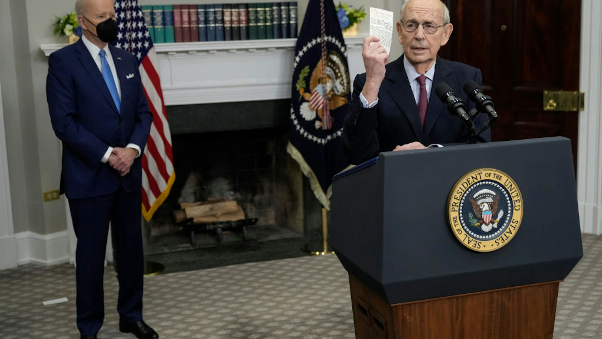 WASHINGTON, DC - JANUARY 27: Retiring U.S. Supreme Court Justice Stephen Breyer (R) speaks alongside President Joe Biden, during a retirement ceremony at the White House on January 27, 2022 in Washington, DC. Appointed by President Bill Clinton, Breyer has been on the court since 1994. His retirement creates an opportunity for President Joe Biden, who has promised to nominate a Black woman for his first pick to the highest court in the country. (Photo by Drew Angerer/Getty Images)
