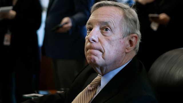 WASHINGTON, DC - JANUARY 31: Senate Majority Whip and Judiciary Committee Chairman Richard Durbin (D-IL) talks to reporters at the U.S. Capitol on January 31, 2022 in Washington, DC. Durbin talked about how he hopes to conduct confirmation hearings for President Joe Biden's nominee to replace Associate Justice Stephen Breyer when he retires at the end of this current Supreme Court session. (Photo by Chip Somodevilla/Getty Images)