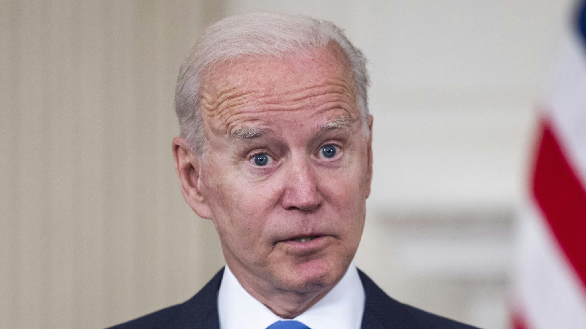 President Biden Delivers Remarks On American Rescue Plan U.S. President Joe Biden speaks in the State Dining Room of the White House in Washington, D.C., U.S., on Wednesday, May 5, 2021. With his $1.9 trillion pandemic rescue package already law, Biden has set forth a $2.3 trillion infrastructure and manufacturing plan and a $1.8 trillion policy bundle aimed at America's social ills.