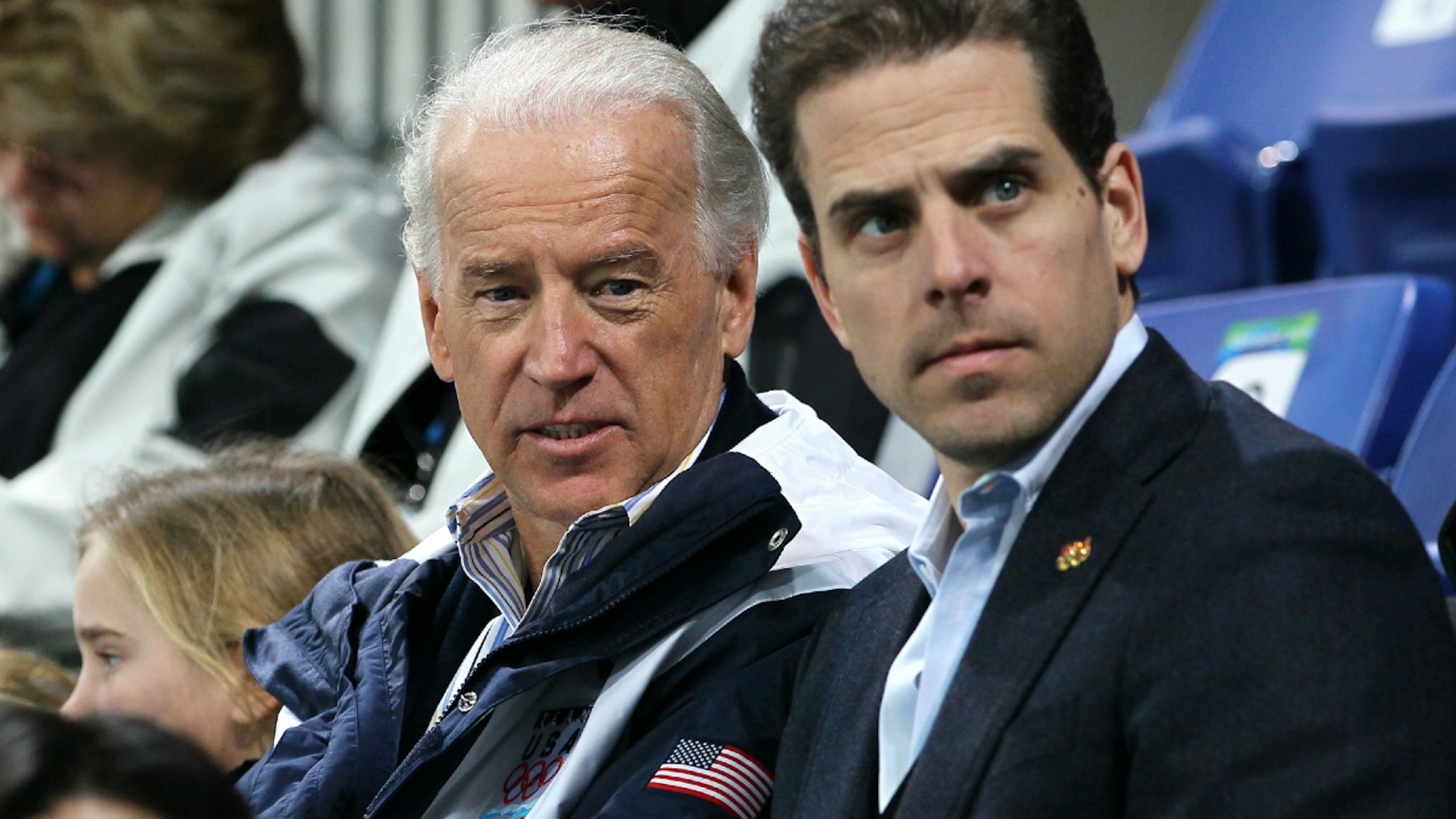 VANCOUVER, BC - FEBRUARY 14: United States vice-president Joe Biden (L) and his son Hunter Biden (R) attend a women's ice hockey preliminary game between United States and China at UBC Thunderbird Arena on February 14, 2010 in Vancouver, Canada.