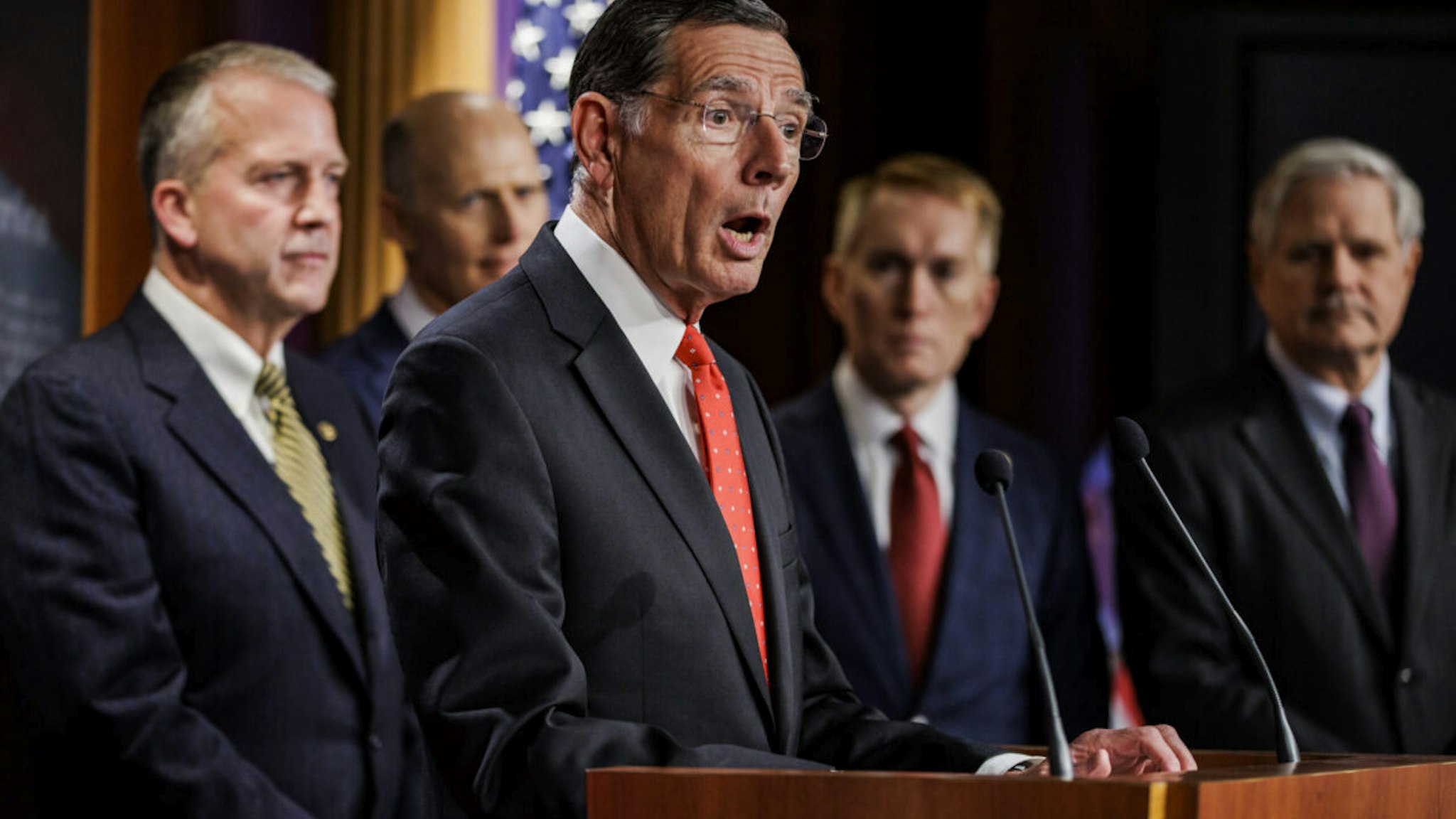 Sen. John Barrasso (R-WY) speaks alongside other Republican Senators during a press conference on rising gas an energy prices at the U.S. Capitol on October 27, 2021 in Washington, DC