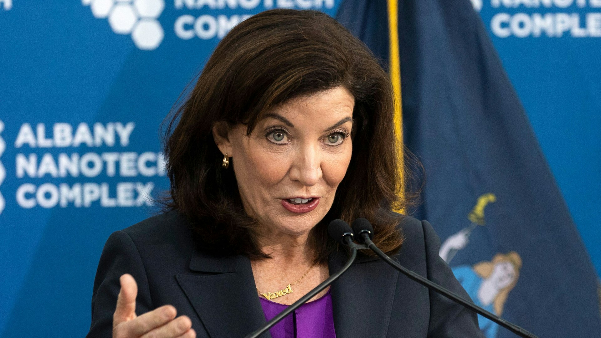 Kathy Hochul, governor of New York, speaks during a new conference at the Albany NanoTech Complex in Albany, New York, U.S., on Monday, Jan. 24, 2022. Hochul said the push for Albany to become the epicenter of semiconductor research and production falls in line with her plan to make the state the most business and worker-friendly state nationwide.