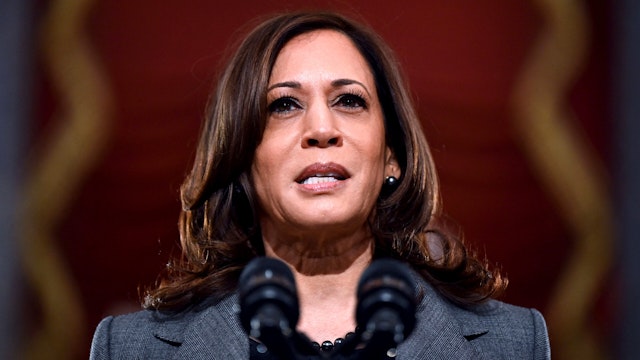 US Vice President Kamala Harris speaks at the US Capitol on January 6, 2022, to mark the anniversary of the attack on the Capitol in Washington, DC. - Thousands of supporters of then-president Donald Trump stormed the Capitol on January 6, 2021, in a bid to prevent the certification of Biden's election victory.