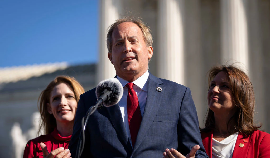 WASHINGTON, DC - NOVEMBER 01: Texas Attorney General Ken Paxton speaks outside the U.S. Supreme Court on November 01, 2021 in Washington, DC. On Monday, the Supreme Court heard arguments in a challenge to the controversial Texas abortion law which bans abortions after 6 weeks. (Photo by Drew Angerer/Getty Images)