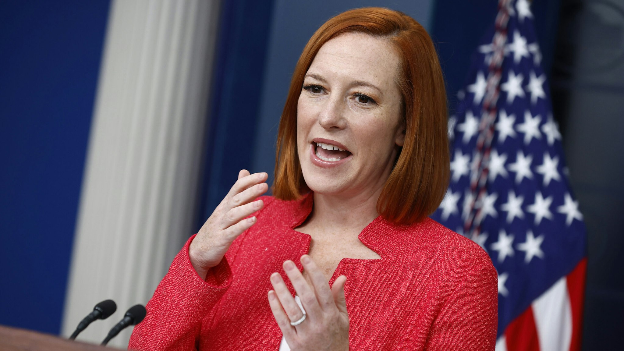 WASHINGTON, DC - JANUARY 14: White House Press Secretary Jen Psaki talks to reporters in the Brady Press Briefing Room at the White House on January 14, 2022 in Washington, DC. Psaki took questions about Russia's threat to Ukraine, the ongoing response by the Biden Administration to the coronavirus pandemic and the struggle for Democrats to get voting rights legislation through the Congress.