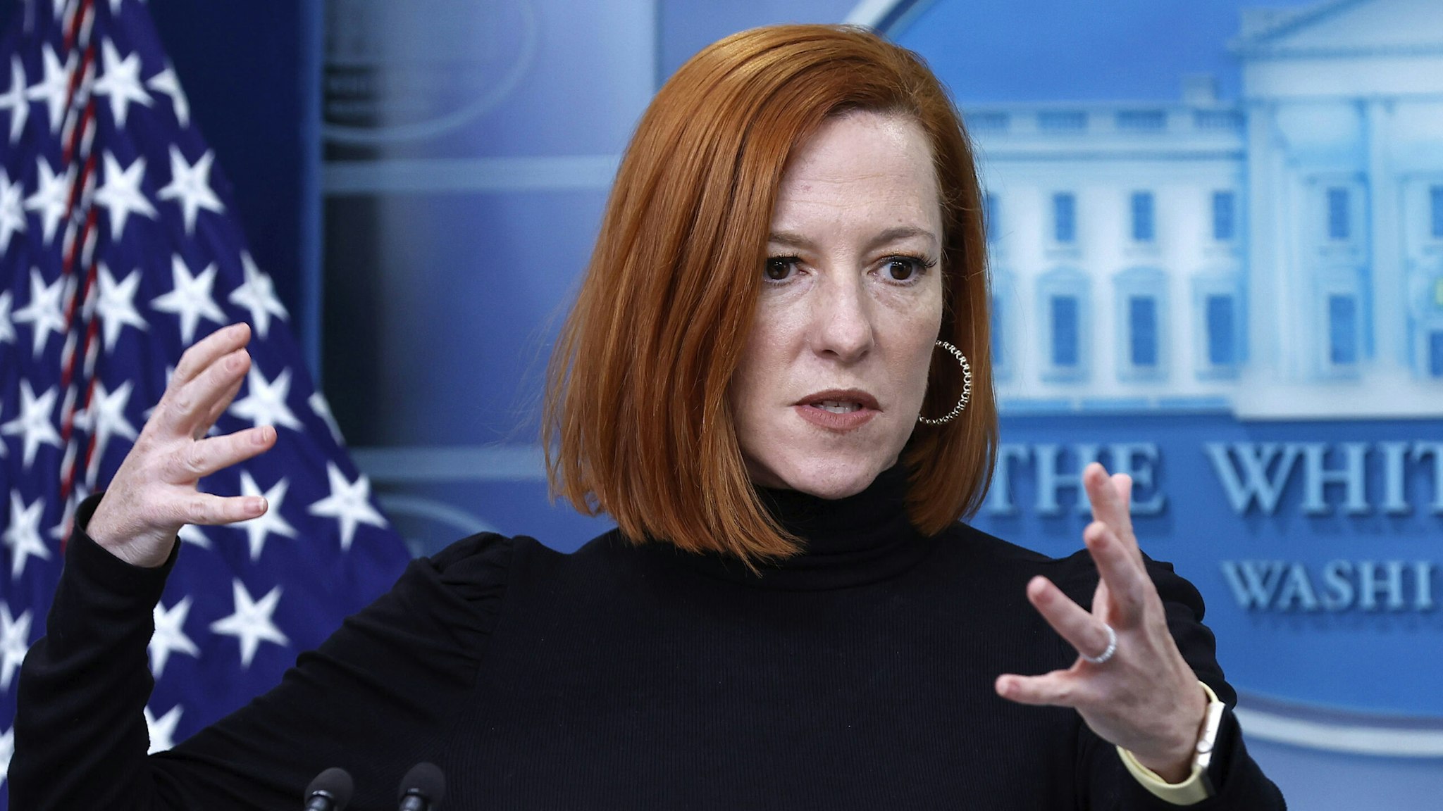 WASHINGTON, DC - JANUARY 21: White House Press Secretary Jen Psaki talks to reporters in the Brady Press Briefing Room at the White House on January 21, 2022 in Washington, DC. Psaki took questions about the announcement by Intel that the company plans to invest $20 billion in Ohio to build the world's biggest computer chipmaking hub.