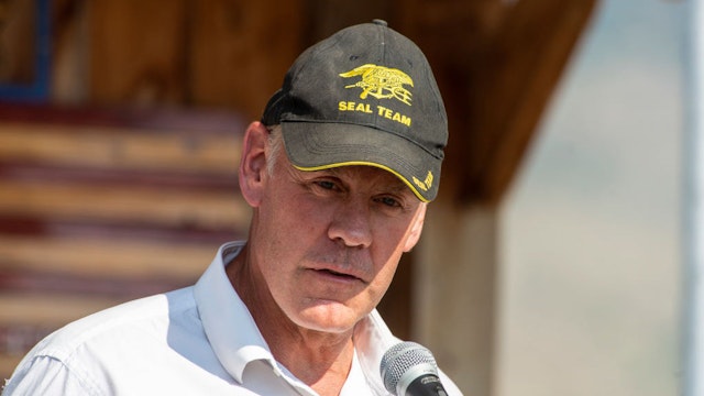 EMIGRANT, MT - JULY 24: Republican Ryan Zinke, a contender for Montanas second congressional seat, speaks at the ceremony to honor the four airman killed in a 1962 B-47 crash at 8,500 feet on Emigrant Peak on July 24, 2021 in Emigrant, Montana. A recent bipartisan Act of Congress will honor the airman with a memorial at the crash site. (Photo by William Campbell/Getty Images)