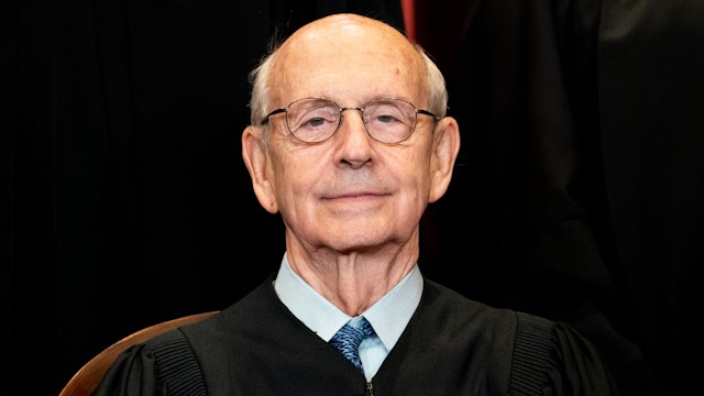 WASHINGTON, DC - APRIL 23: Associate Justice Stephen Breyer sits during a group photo of the Justices at the Supreme Court in Washington, DC on April 23, 2021.