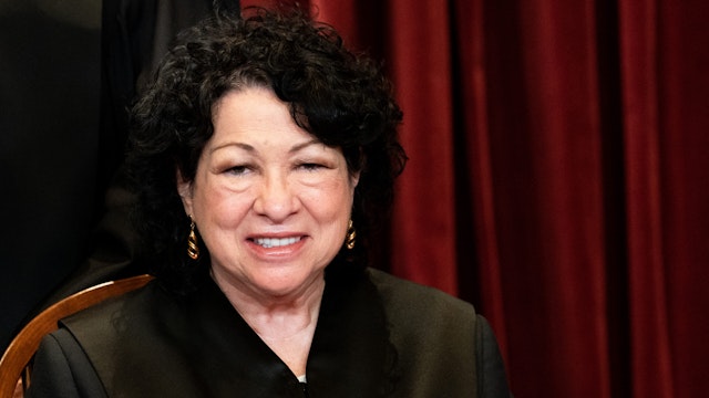 WASHINGTON, DC - APRIL 23: Associate Justice Sonia Sotomayor sits during a group photo of the Justices at the Supreme Court in Washington, DC on April 23, 2021.