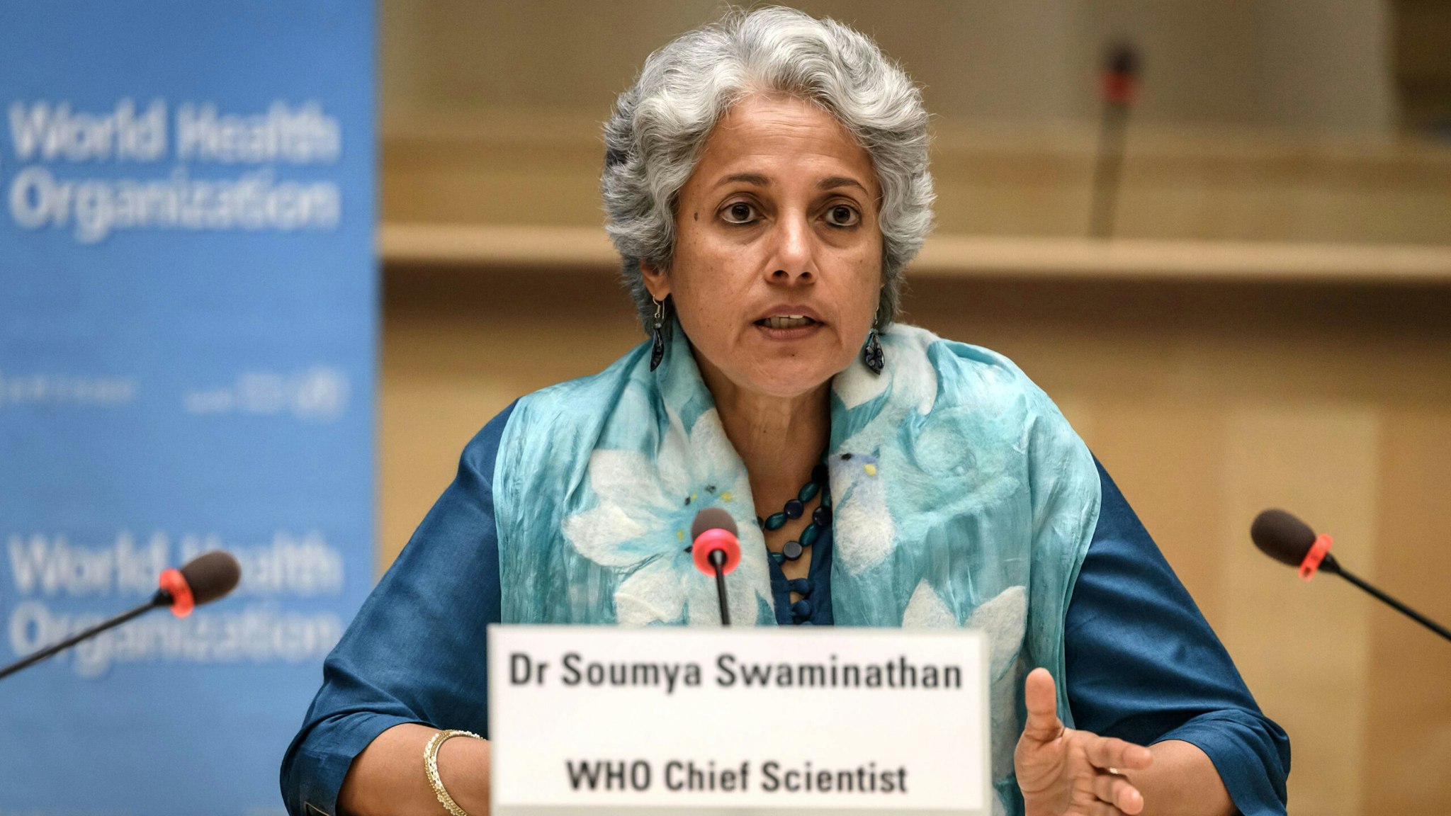 World Health Organization (WHO) Chief Scientist Soumya Swaminathan attends a press conference organised by the Geneva Association of United Nations Correspondents (ACANU) amid the COVID-19 outbreak, caused by the novel coronavirus, on July 3, 2020 at the WHO headquarters in Geneva.