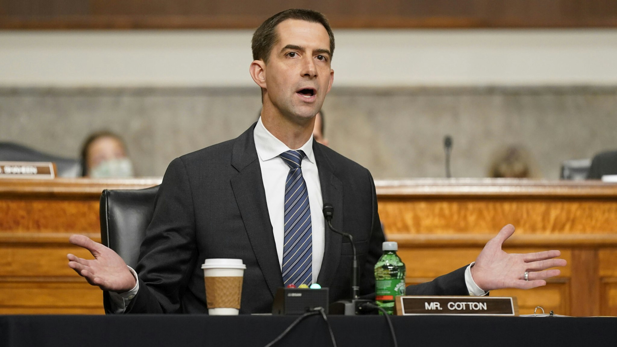 WASHINGTON, DC - SEPTEMBER 28: Sen. Tom Cotton (R-AK) speaks during a Senate Armed Services Committee hearing on the conclusion of military operations in Afghanistan and plans for future counterterrorism operations on Capitol Hill on September 28, 2021 in Washington, DC.
