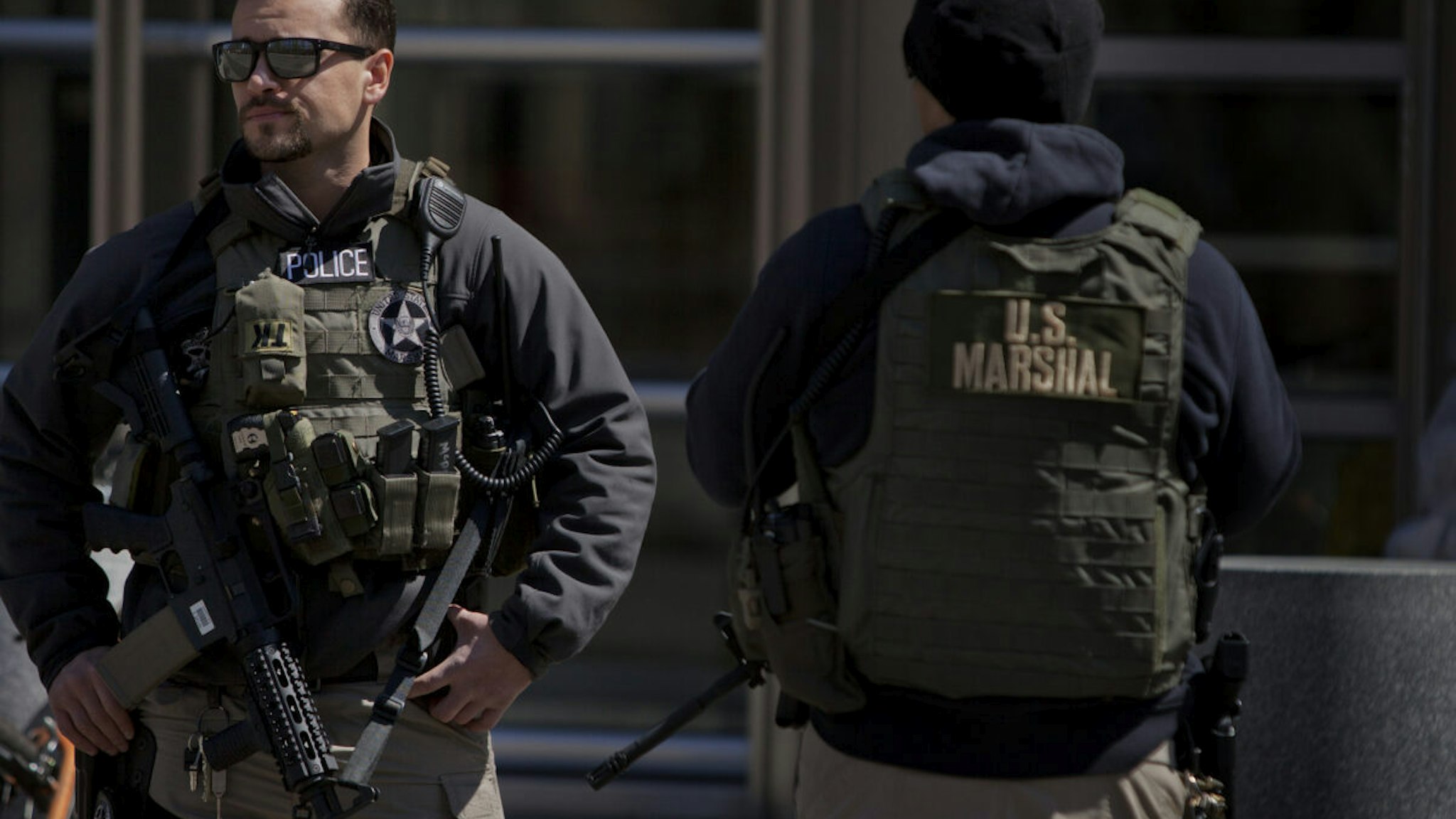 U.S. Marshals stand outside U.S. Federal Court in Brooklyn during the arraignment on terrorism charges of two Queens women, identified as 28-year-old Noelle Velentzas and 31-year-old Asia Siddiqui, as well as American citizen and accused Al Queda member Muhanad Mahmoud al Farekh, 29, April 2, 2015 in New York City