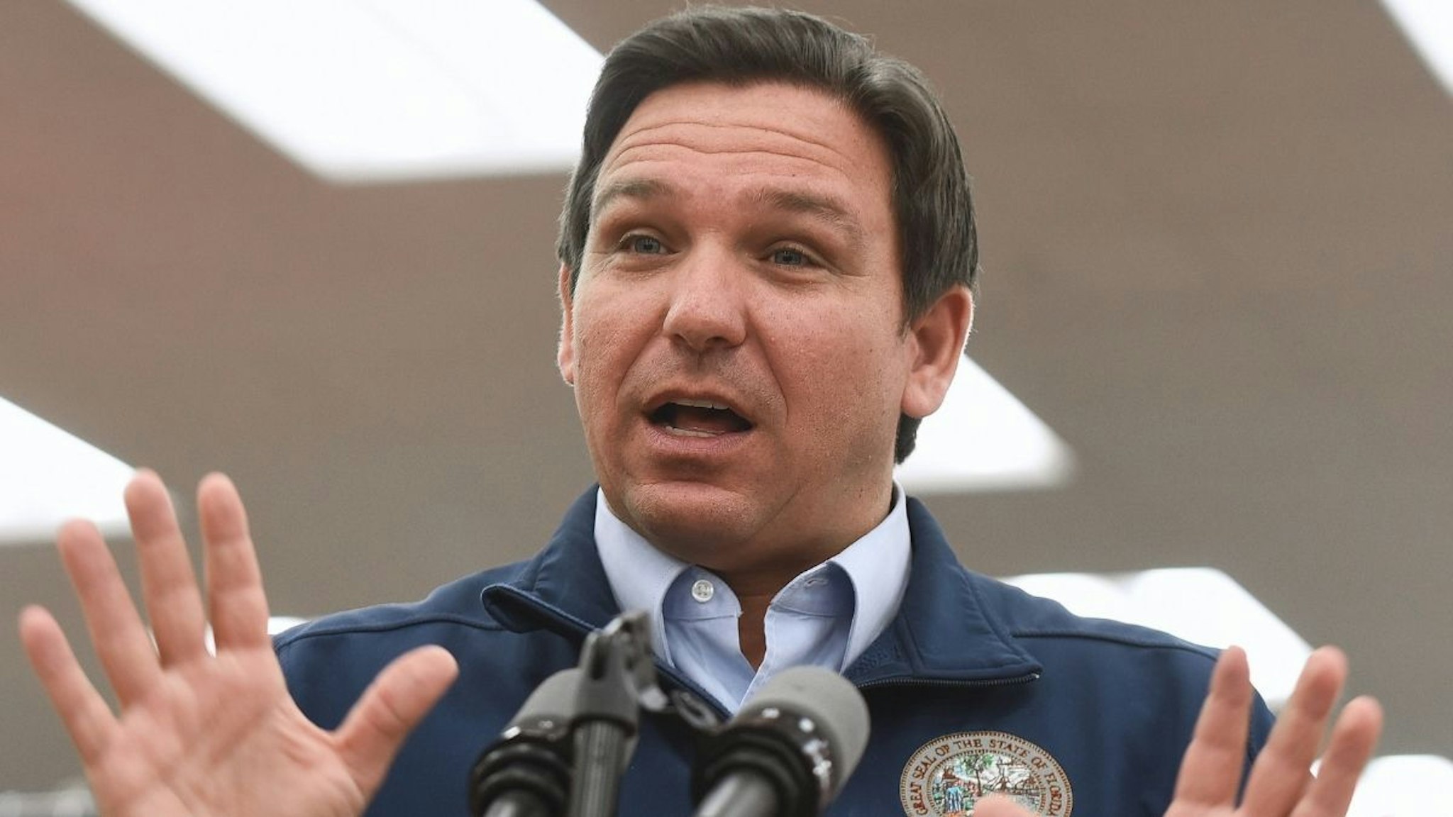Florida Gov. Ron DeSantis speaks at a press conference at Buc-ee's travel center, where he announced his proposal of more than $1 billion in gas tax relief for Floridians in response to rising gas prices caused by inflation. DeSantis is proposing to the Florida legislature a five-month gas tax holiday.