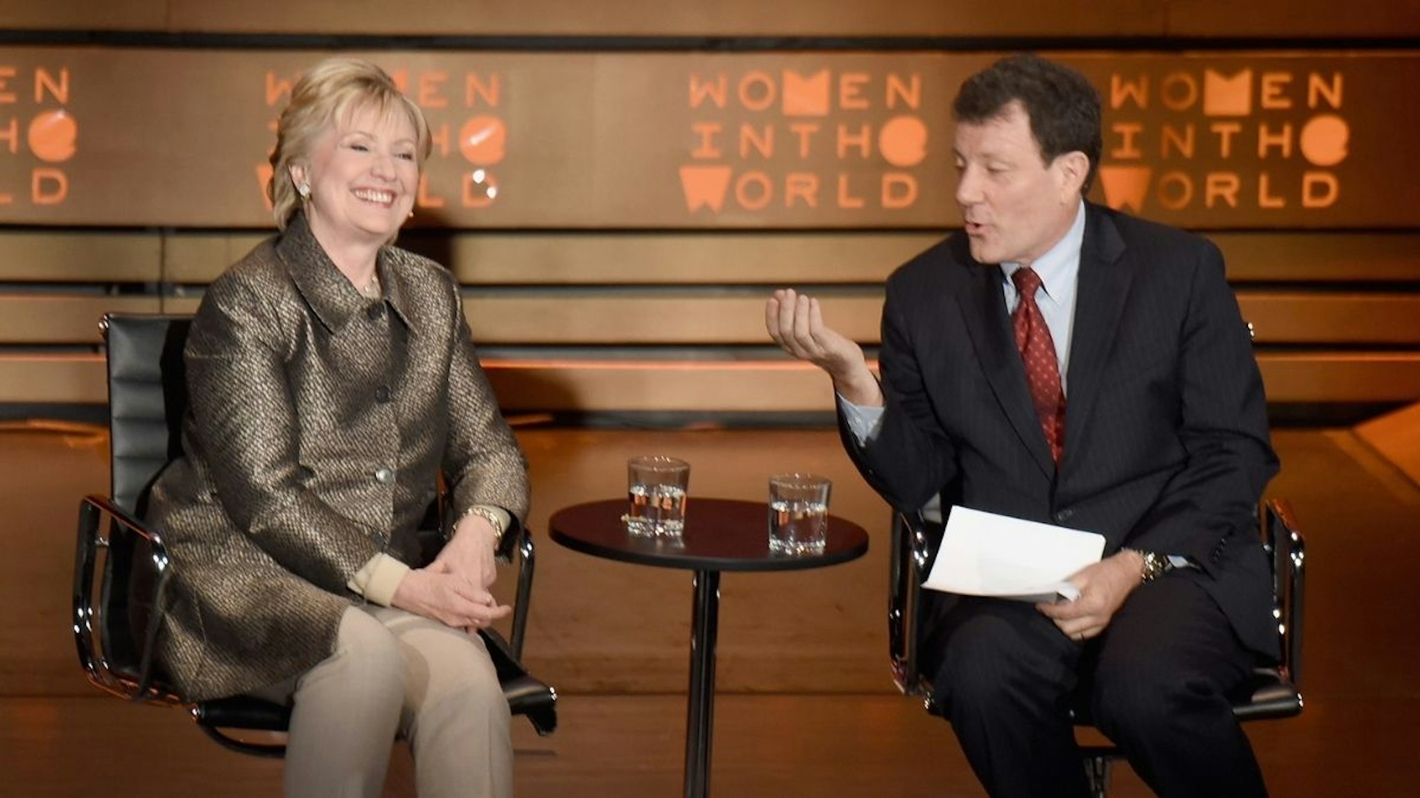 Former United States Secretary of State, Hillary Clinton and Journalist Nicholas Kristof speak during the Eighth Annual Women In The World Summit at Lincoln Center for the Performing Arts on April 6, 2017 in New York City.