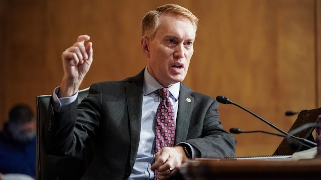 Senator James Lankford, a Republican from Oklahoma, speaks during a Senate Homeland Security Governmental Affairs Committee confirmation hearing for U.S. Department of Homeland Security (DHS) nominee Alejandro Mayorkas in Washington, D.C., U.S., on Tuesday, Jan. 19, 2021.