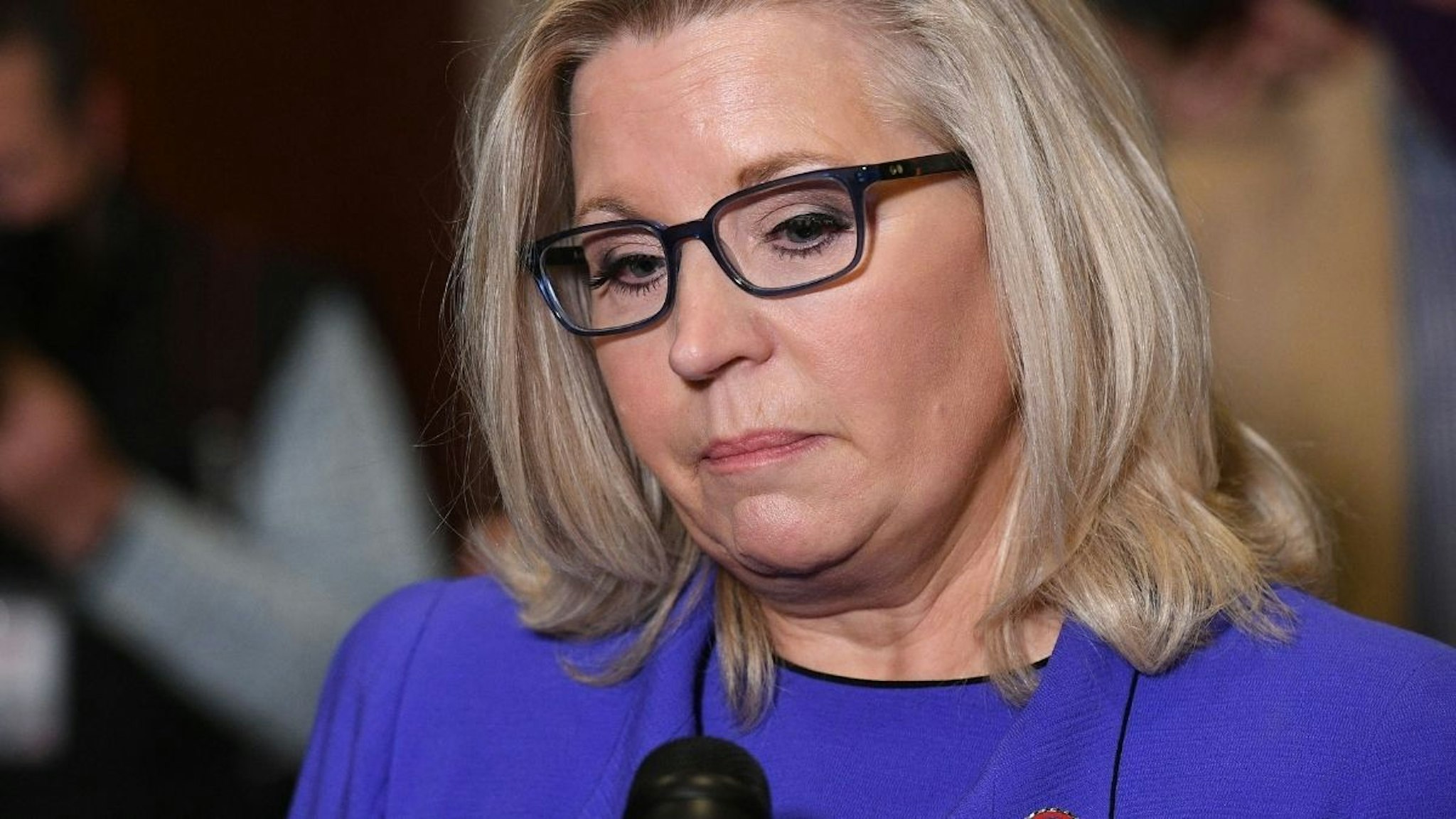 US Representative Liz Cheney, Republican of Wyoming, speaks to the media at the US Capitol in Washington, DC, on May 12, 2021.