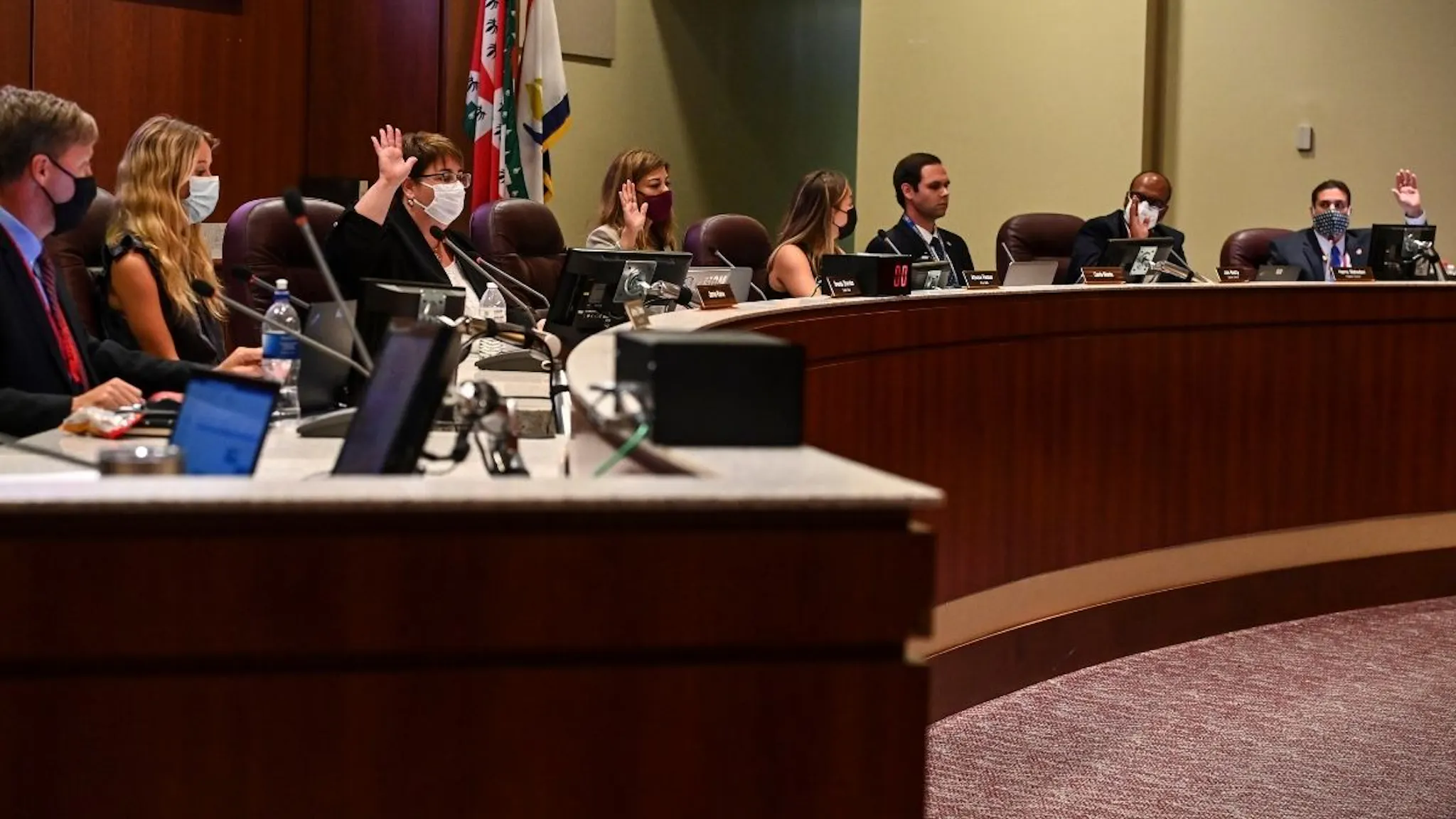 Loudoun County Loudoun County School Board members vote to enact Policy 8040 during a school board meeting at the Loudoun County Public Schools Administration Building on August 11, 2021 in Ashburn, Va.