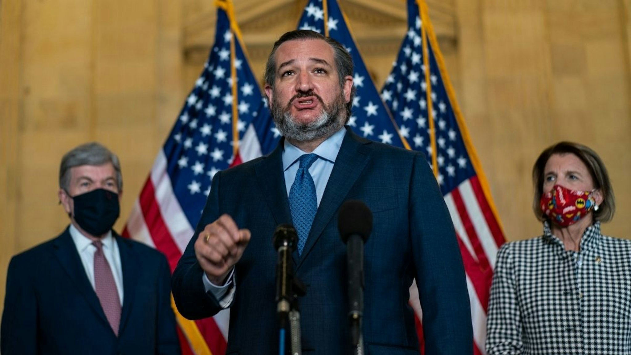 Sen. Ted Cruz (R-TX) speaks during a press conference on Capitol Hill on Thursday, March 4, 2021 in Washington, DC.