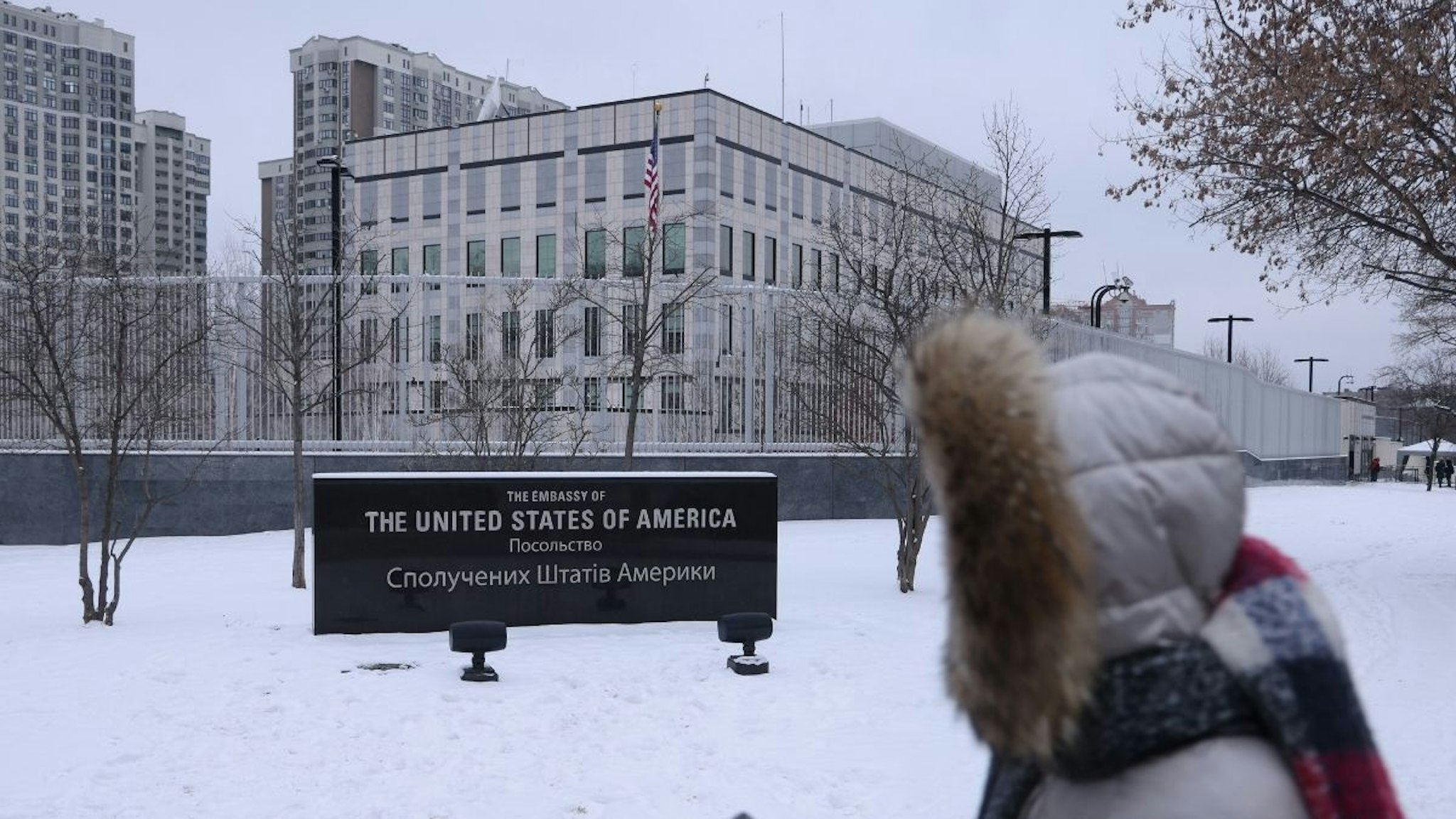 A view of the U.S. Embassy on January 24, 2022 in Kyiv, Ukraine. According to media reports the embassy has ordered family members of embassy staff to leave the country and has also urged U.S. citizens in Ukraine to leave as well.
