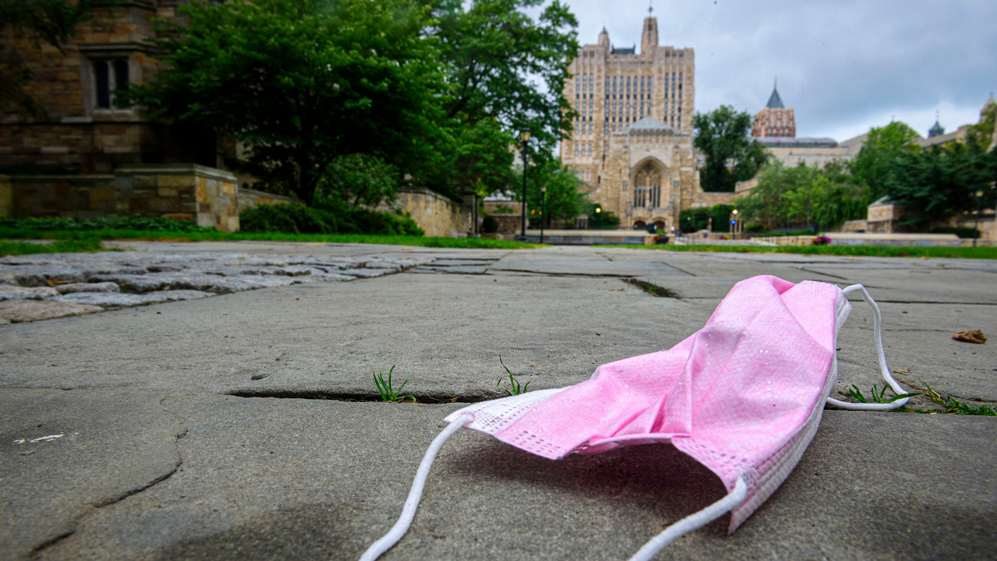 n abandoned mask rests on Yale&apos;s Cross Campus in New Haven, Connecticut.