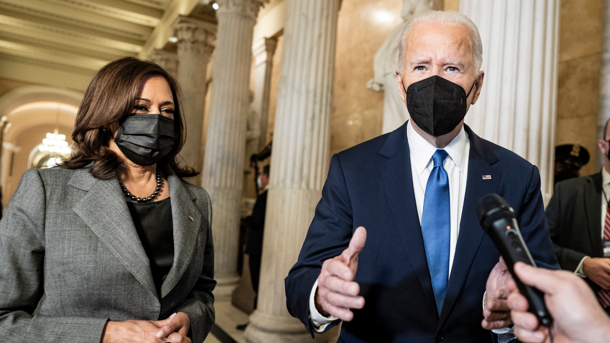 President Joe Biden speaks to the media as he departs with Vice President Kamala Harris after they spoke at the U.S. Capitol on January 6, 2022 in Washington, DC.